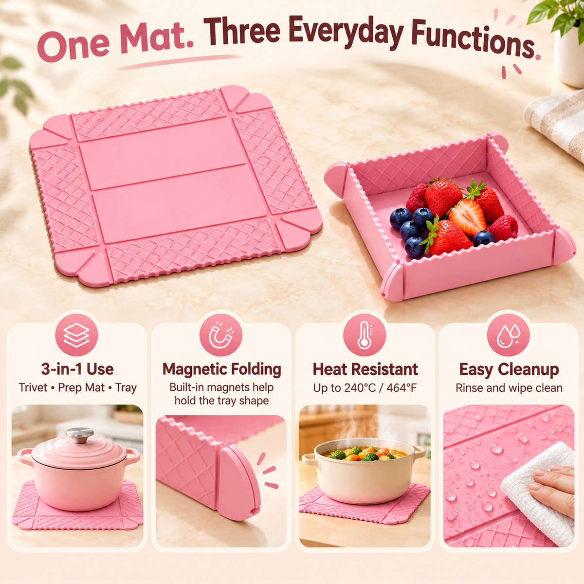 ✨ 3-in-1 Magnetic Silicone Trivet, Cutting Board & Foldable Serving Tray