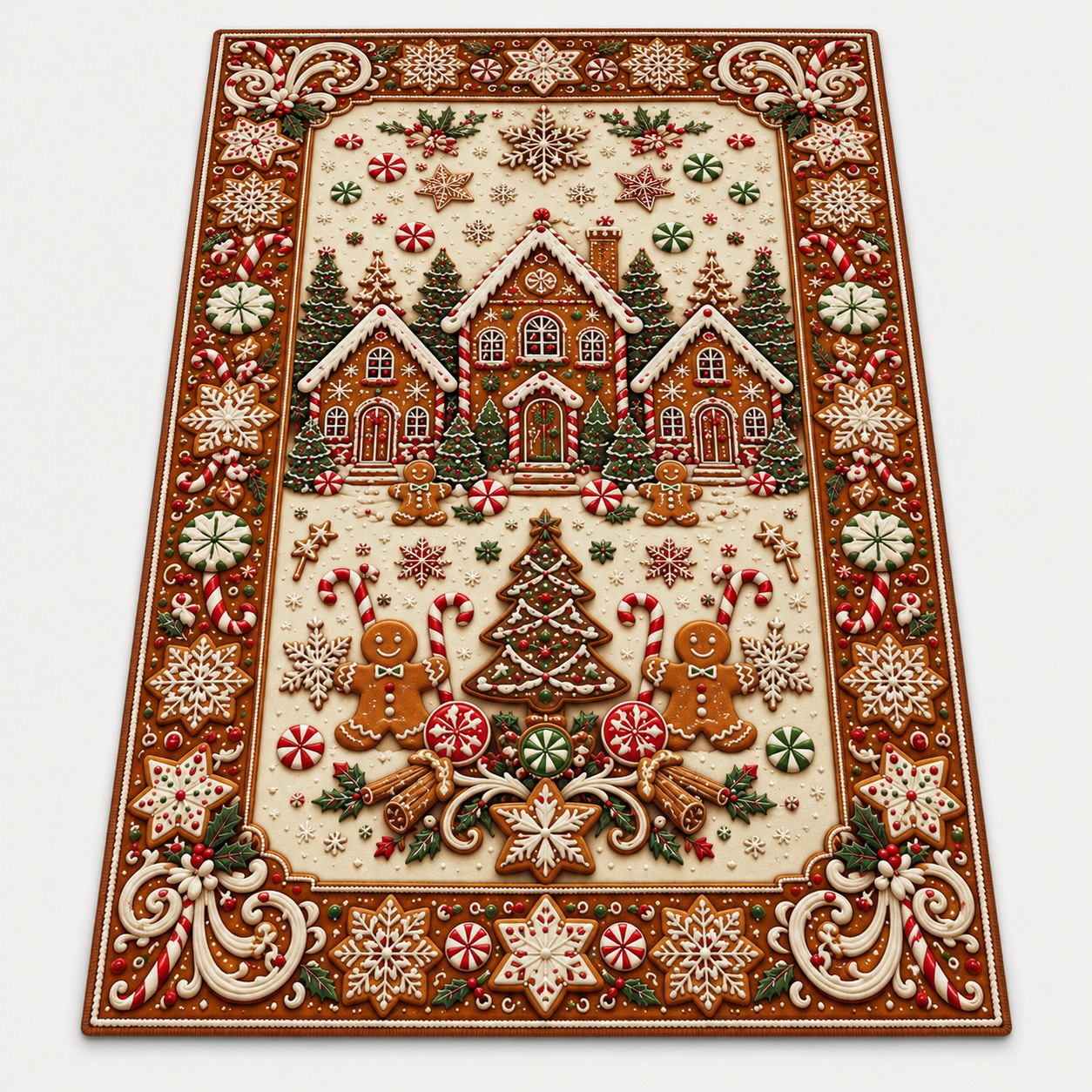 Gingerbread Village printed optical illusion accent rug
