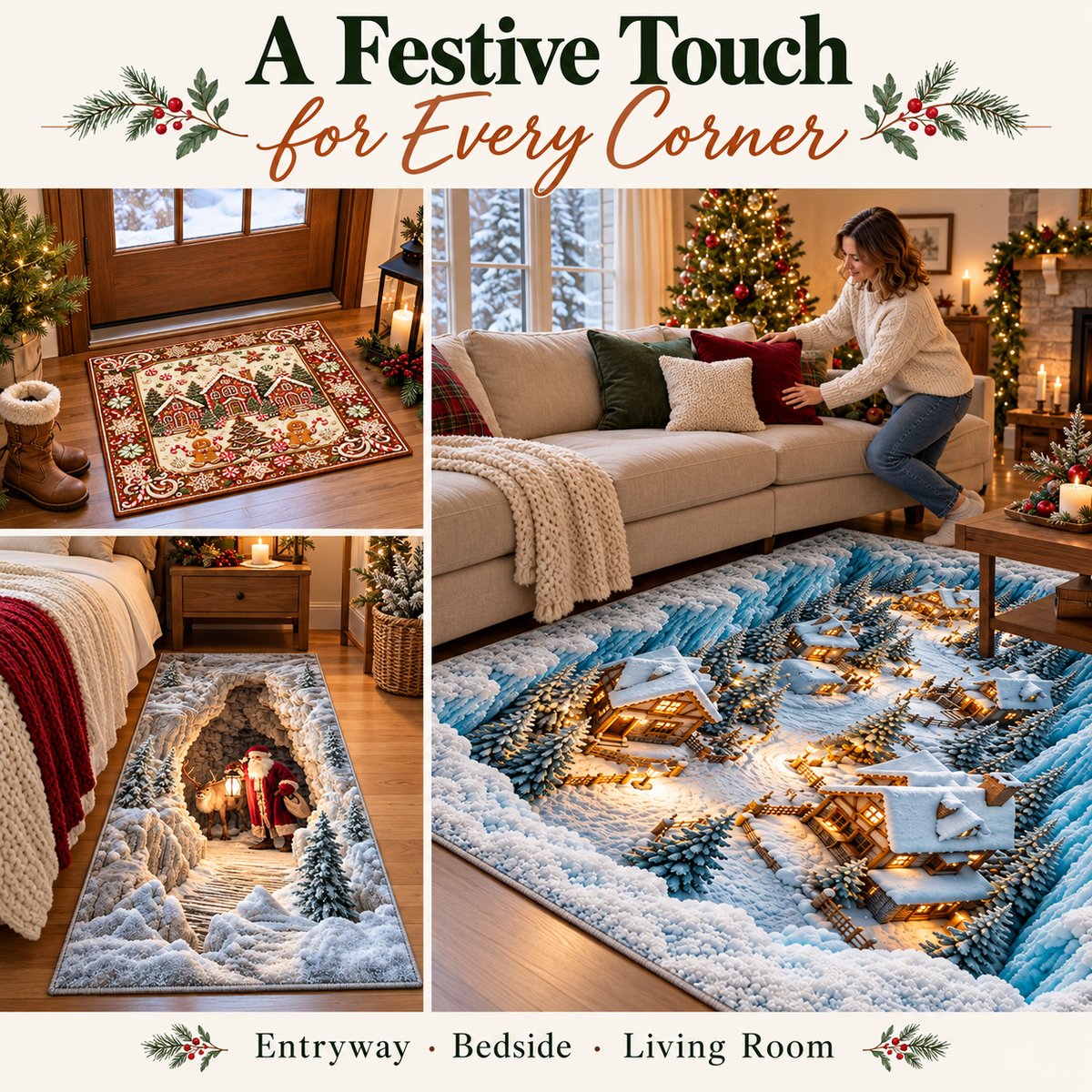 🎄 Christmas Holiday Optical Illusion Rug, Festive Winter Non-Slip Carpet for Living Room Decor ❄️