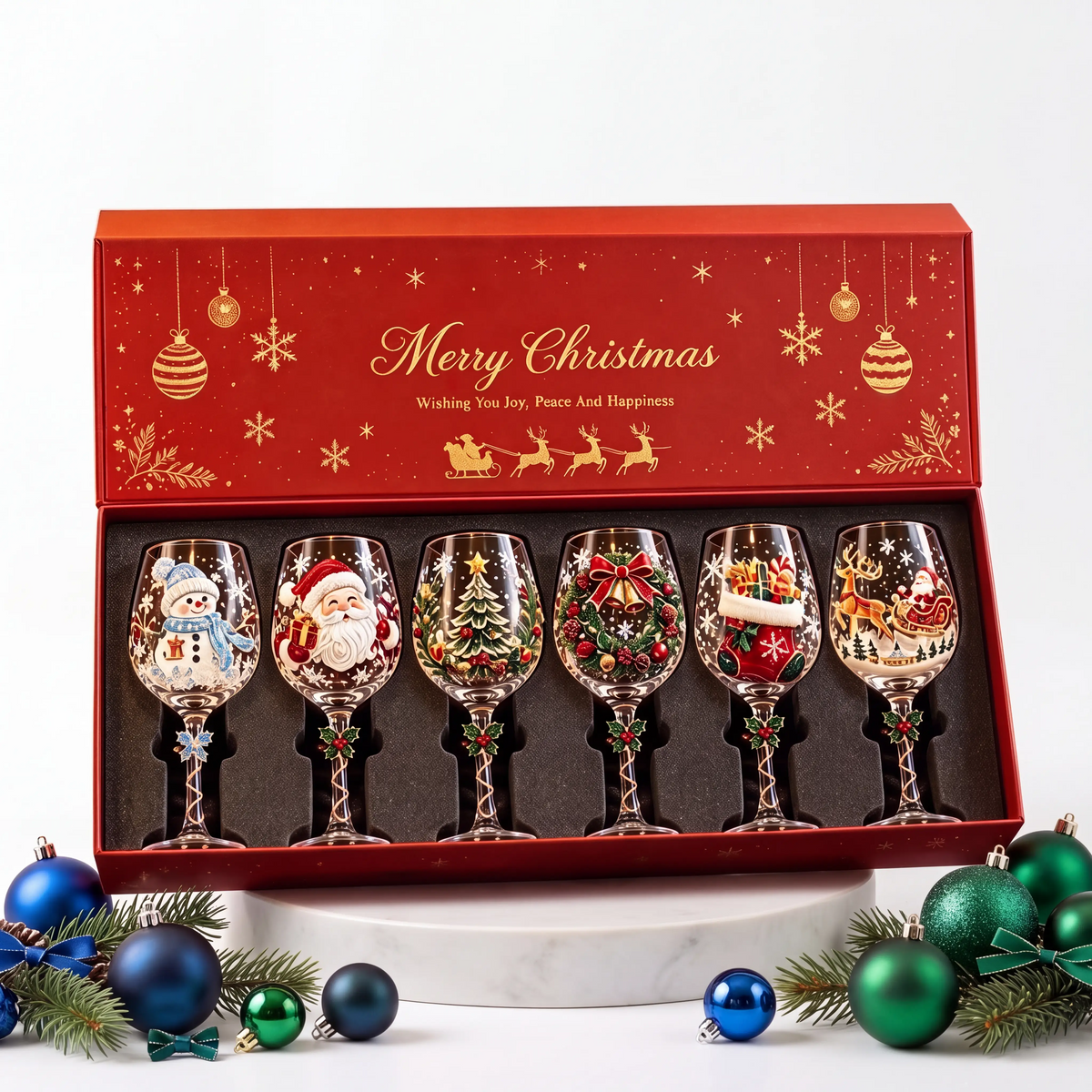 🎄 Set of 6 Christmas  Glass Goblets – Festive Holiday Drinkware Gift Set