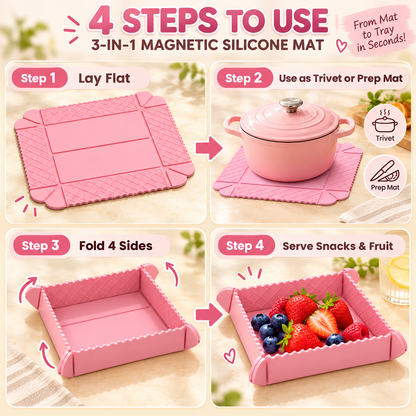 ✨ 3-in-1 Magnetic Silicone Trivet, Cutting Board & Foldable Serving Tray