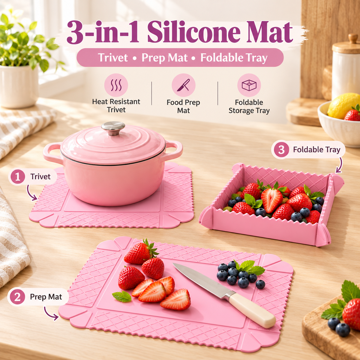 ✨ 3-in-1 Magnetic Silicone Trivet, Cutting Board & Foldable Serving Tray