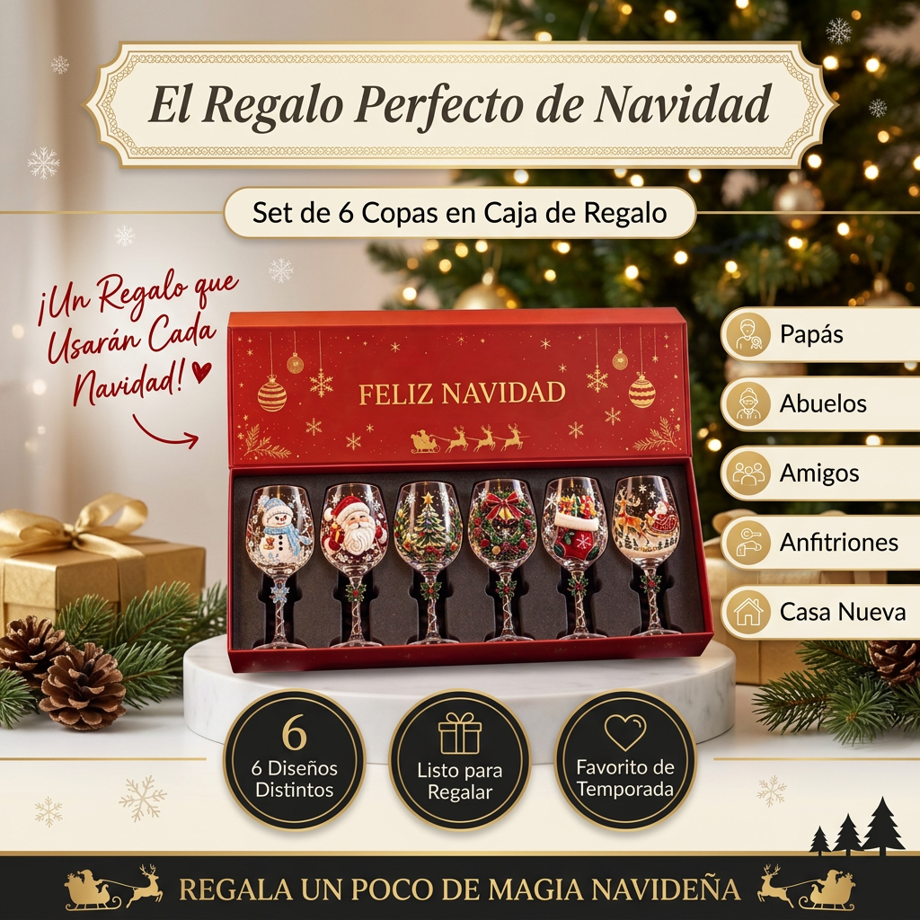 🎄 Set of 6 Christmas  Glass Goblets – Festive Holiday Drinkware Gift Set